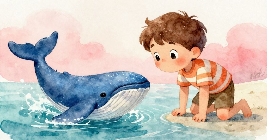 Milo彎腰探查,看到藍色塑料鯨魚隨水波緩緩浮現,陽光照耀下展現閃亮水珠,充滿驚奇和探索感。