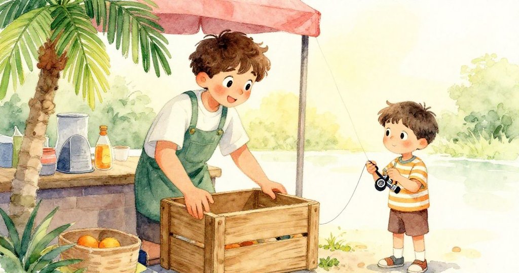 街邊攤販笑著幫助穩住木箱,Milo仔細查看釣線,兩人互動愉快,展現市集中溫暖的合作情誼。