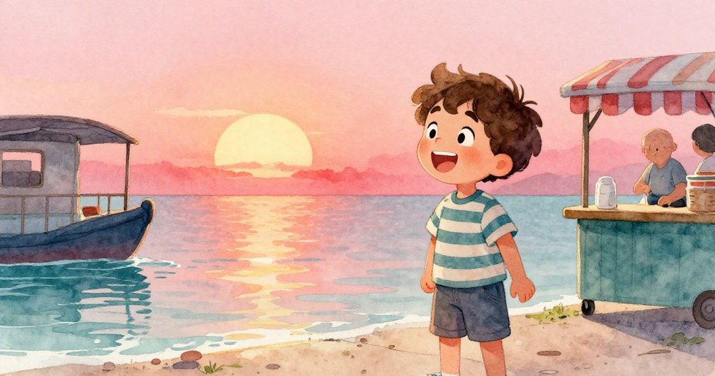 Milo與攤販共享歡笑,夕陽映照下水面金光閃爍,兩人慶祝著合作成功與溫馨的市集氛圍。