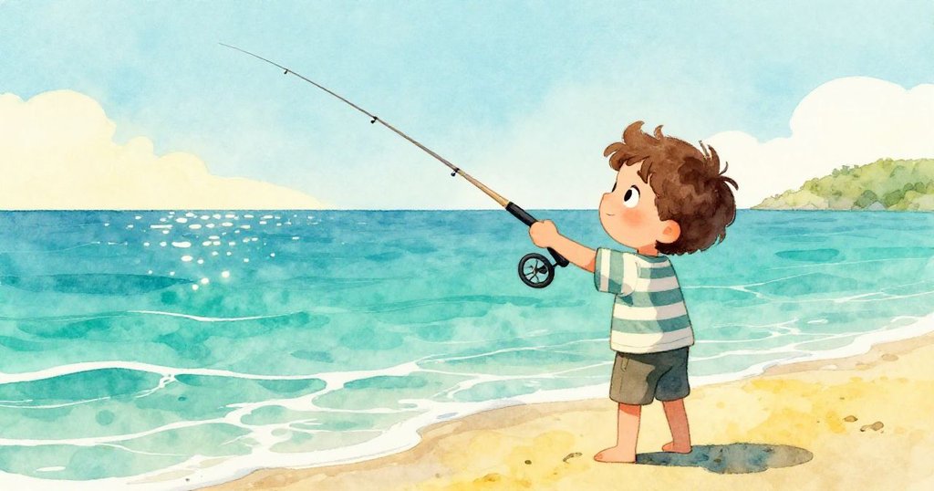 Milo滿懷希望地將釣線拋進波光粼粼的海水中,面向無盡開放的海灣,象徵著新冒險與未來的光明。
