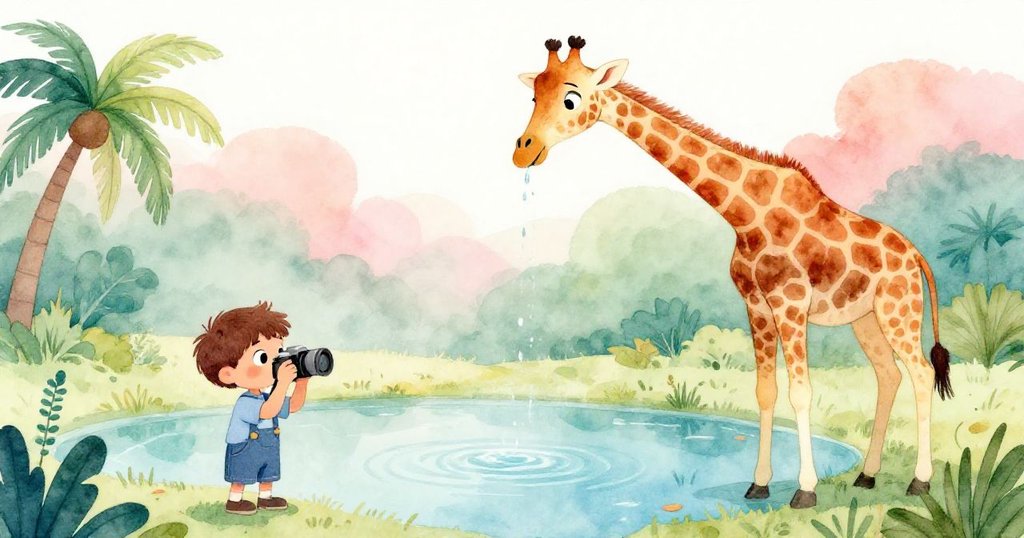 馬可斯在晨霧中於動物園池塘旁舉起相機捕捉長頸鹿喝水，神情期待環境和諧寧靜。