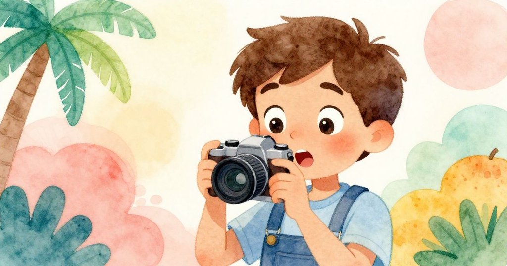 馬可斯面部特寫，驚訝中舉著相機，背景淡化呈現動物園晨光，表情充滿期待與驚奇。