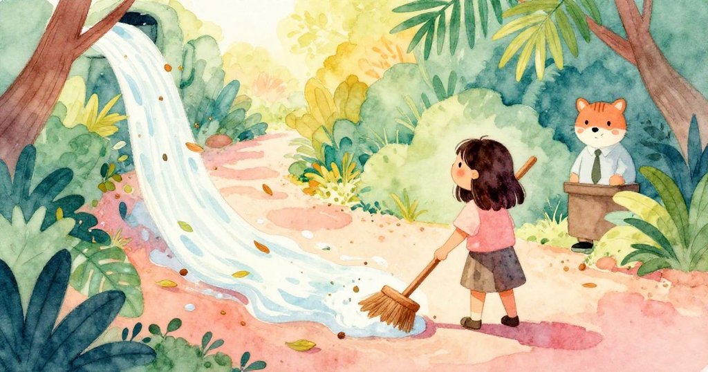 從高處俯瞰動物園小徑，泡沫推動落葉和飼料顆粒，萊娜用木掃處理水流，現場充滿和諧與動態。