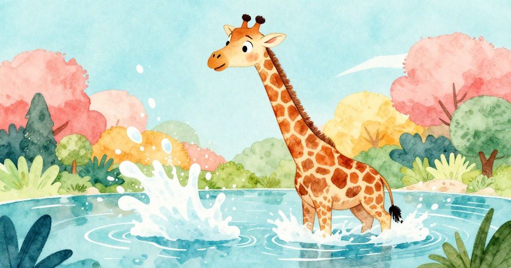 高大長頸鹿因泡沫突然湧出而嚇得前蹄濺入池塘，水花飛濺展現出動物園中的緊張而活潑瞬間。