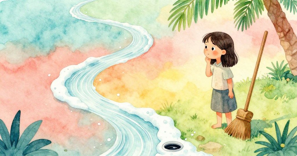 萊娜靜觀泡沫順著木掃緩緩流向空排水口，畫面展現事件平息後溫柔寧靜與滿足情緒。