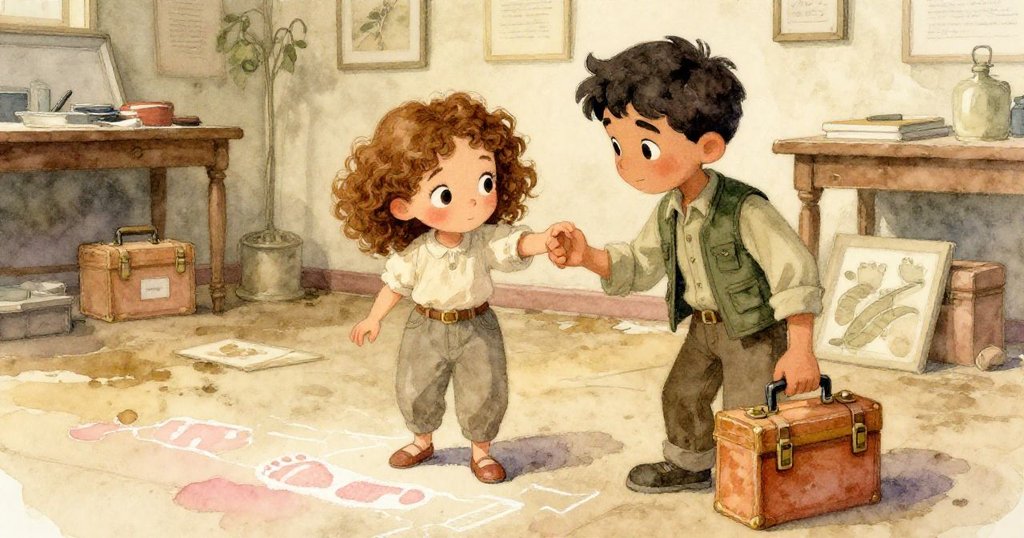 在歷史感濃厚的工作室中,Leah仔細察看粉筆足跡,Mateo的工具箱輕觸她肩膀,動作自然且充滿故事感。