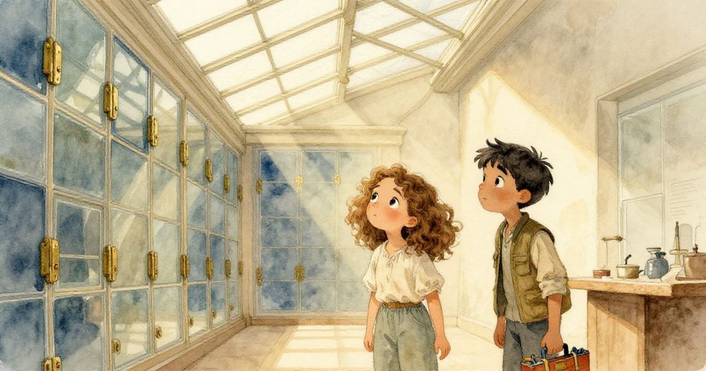 在高窗下,光線穿透玻璃瓦,照亮古銅鉸鏈與畫框,Leah與Mateo滿懷驚奇地欣賞這短暫的光影奇觀。