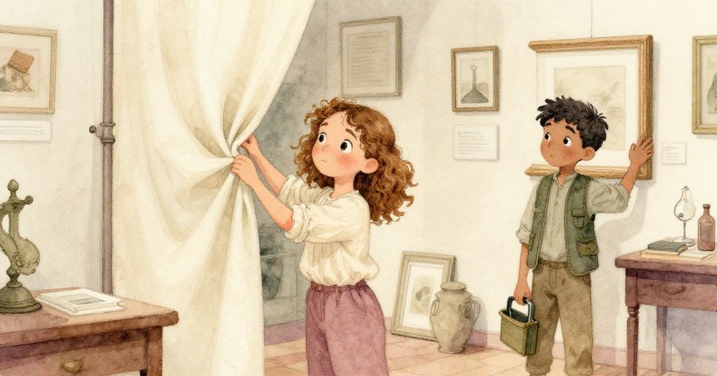 在博物館後牆旁,Leah努力拉扯下垂布料,Mateo穩住身旁畫框,兩人表情堅定探索隱藏秘密。