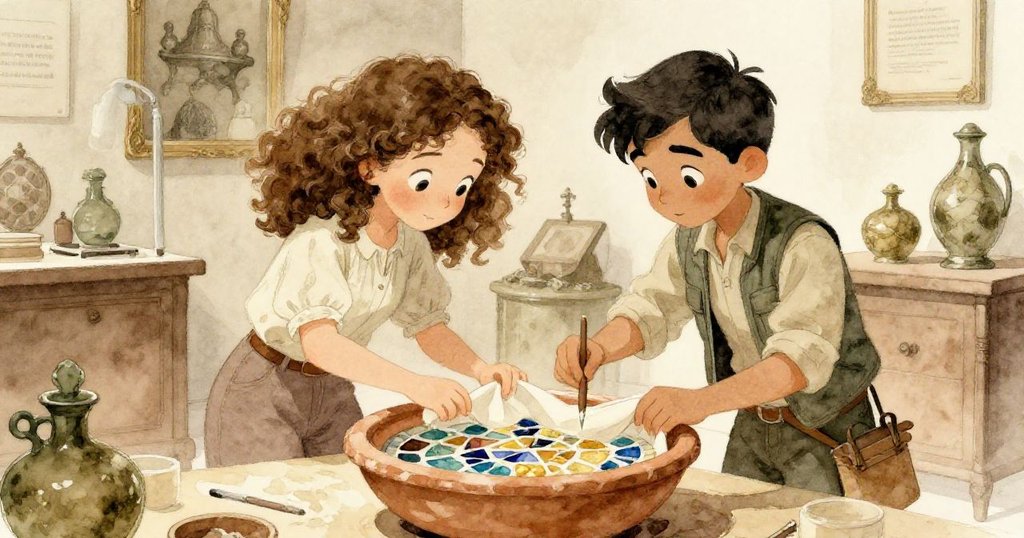 瞬間,布料被合力撥開,露出帶有粉筆足跡的黏土盆和未完成的玻璃拼貼,Leah與Mateo齊心協力,神情專注。