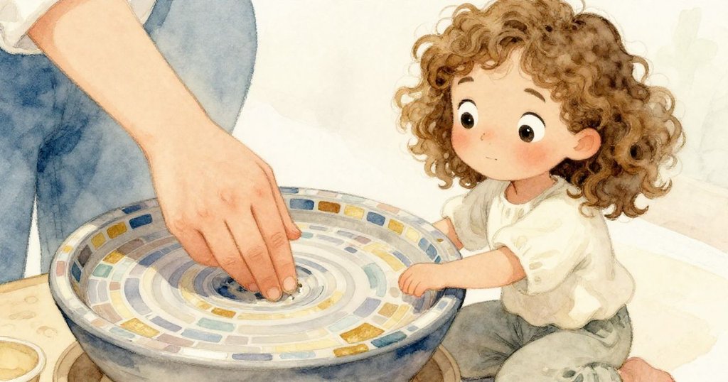 在柔和光線中,Leah輕輕在黏土盆上按下新指印,神情平靜滿足,細節豐富展現發現後的溫馨落幕。