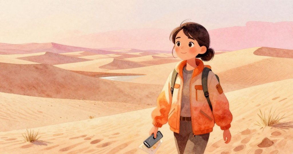 Lian走出帳篷，踏入滿是金橘與粉桃色調的沙漠，遠處淺盆閃爍，神情平靜迎向冒險。