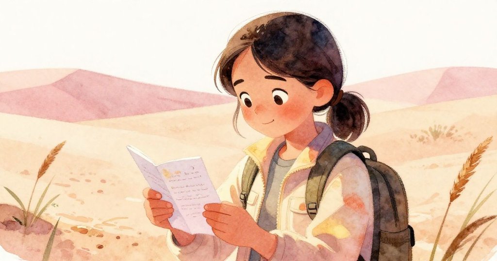 Lian在沙地上打開筆記本，仔細閱讀記錄，背景展現柔和玫瑰粉與金色光芒，神情專注期待。