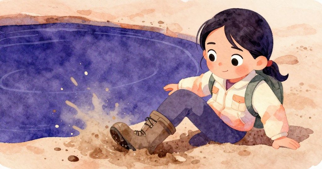 Lian蹲下於盆邊，一隻靴子陷入泥中，她專注調整步伐，畫面呈現深紫、深藍與桃色混合的動態景象。