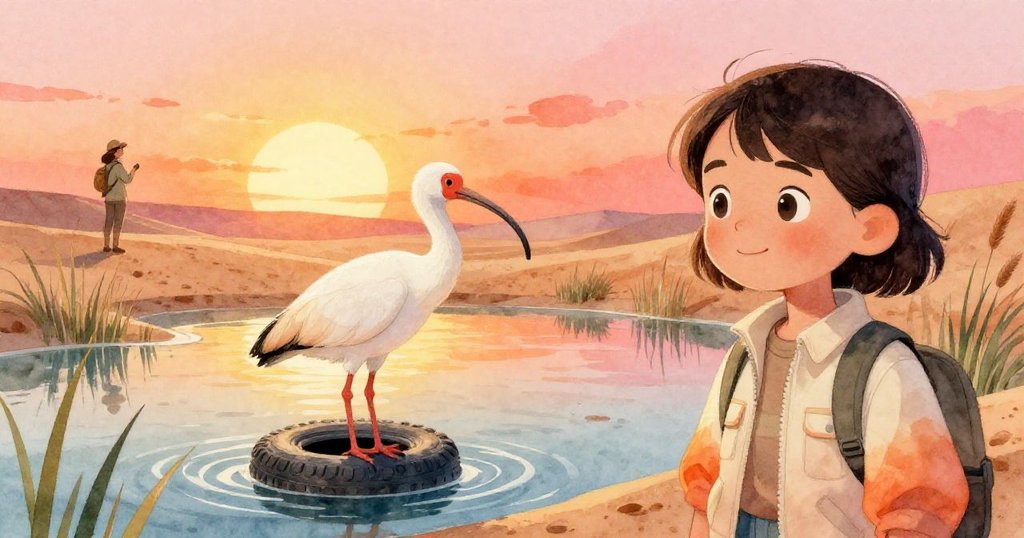 從高處俯瞰盆景，白鷺靜立於半浸輪胎上，周圍藉夕陽橘光映出溫暖色調，Lian興奮注視遠方。