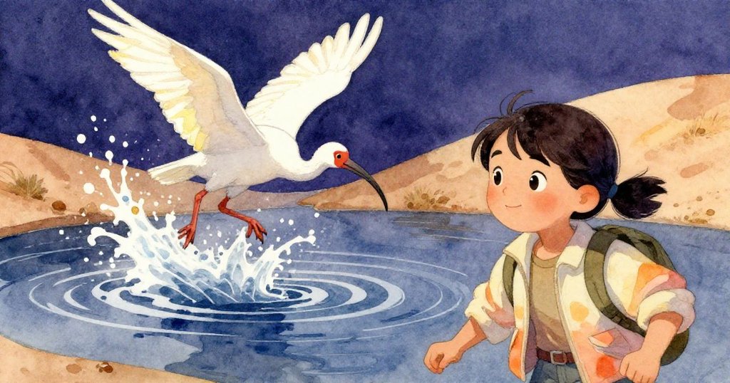 猛烈湧出的水花在盆中激盪，白鷺驚飛濺出銀色水滴，Lian驚訝握著手機記錄此刻，情緒緊張且充滿活力。