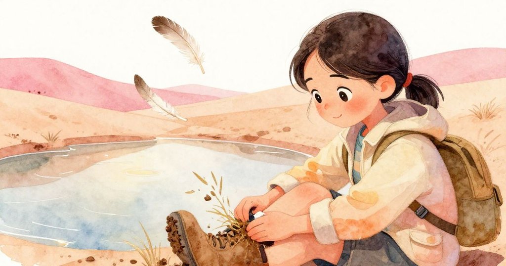 Lian安靜地用乾草擦拭沾滿泥土的靴子，背景中一根羽毛輕旋，展現放鬆與平和結局。