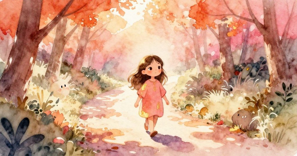 Lena在溫暖森林小徑上悠閒散步，享受陽光與大自然，環境寧靜愜意，展現開篇平靜與期待。