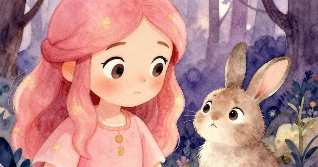 Lena專注的眼神捕捉到一隻焦急擺動的小兔子，表情充滿關懷與憂慮，傳達故事發展中的轉機。