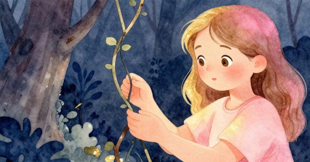 Lena專注檢查纏繞的藤蔓與擋路的小樹枝，手部細節清晰，展現探索與專注的瞬間。