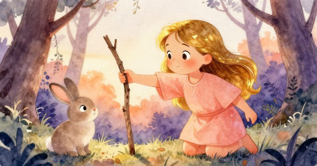 Lena果斷撿起附近的一根直木棍，臉上流露決心與專注，小兔在旁期待地注視著她。