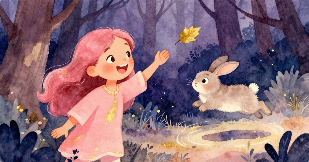 Lena與小兔在森林中慶祝自由，小兔快樂跳躍，一片樹葉輕飄落下，充滿歡樂與溫馨的結局。