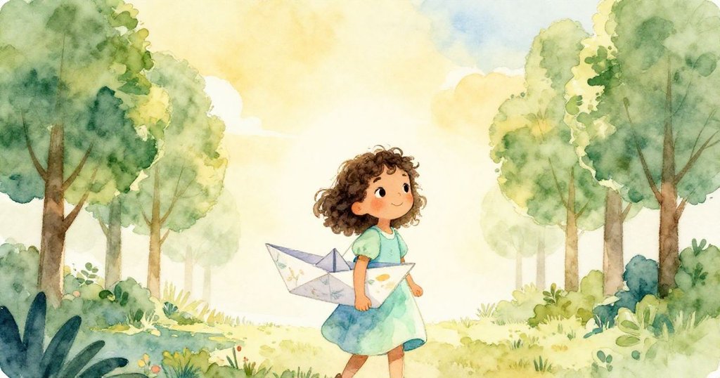 在朝陽下，Mia輪廓分明地走在樹林間，手持小紙船，背景呈現金黃與綠意，充滿期待與冒險情緒。