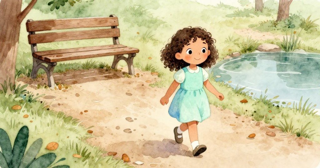 Mia輕快地走在鋪滿落葉的小徑上，朝向公園裡的木椅和池塘，步伐充滿探索與希望，展現自然之美。