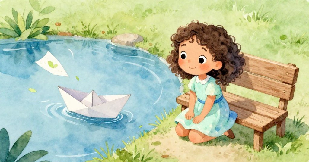 從高角度看見Mia跪在木椅邊，小紙船被風吹移動，帶動畫紙落入藍色池塘，情景充滿驚喜與細膩互動。