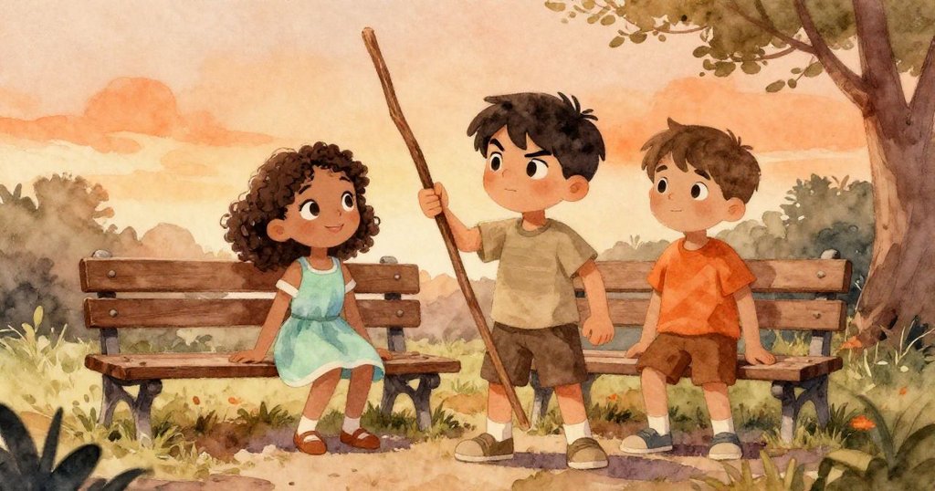 Leo持長棍趕至現場幫助Mia調整木椅，兩人和諧互動，夕陽橙光映照公園，充滿合作與期待的氛圍。