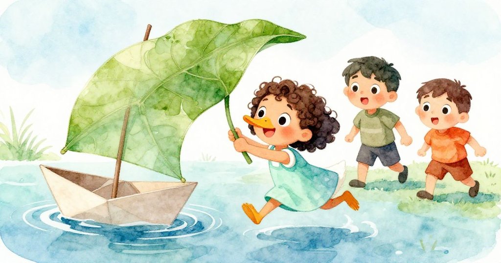 鴨子迅速搶奪附著於紙船上的葉帆並拖行船隻，Mia和Leo驚愕注視，水面綻放漣漪，展現充滿動感的追逐冒險。