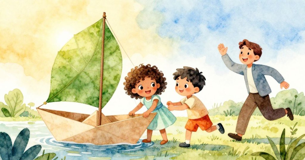 Mia與Leo笑著修補變形紙船並換上大葉帆，旁有科學老師揮手告別，場景洋溢合作喜悅與溫暖未來之感。