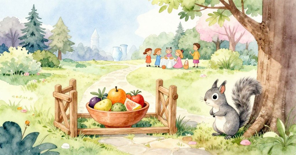 在暖陽公園中,小灰沿著楓樹偵查,木圍欄如門框引領,整體自然溫馨,小灰意圖接近蘋果盤。