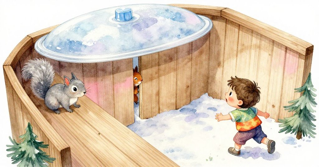 從高角度俯瞰,看到小孩走近木圍欄時,小灰和同伴靜止,木板紋理與透明蓋細節清晰,氣氛溫柔。