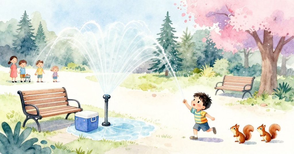 在溫暖季節中,小孩與小灰靜看自動澆水器拱起水弧,背景家庭聚會和公園長凳充滿生機與詩意。