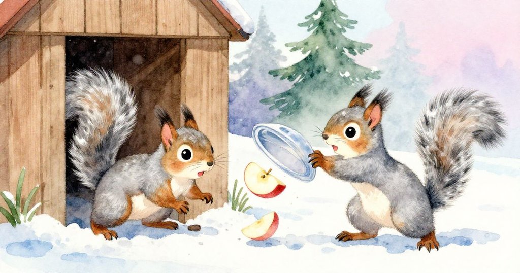 動感場景中,小灰奮力擠進窄隙,另一隻松鼠推動蓋子,蘋果片正垂落,展現緊張而有力的節奏。