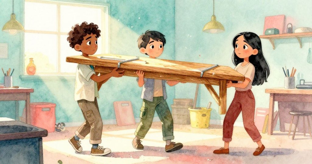 米格爾和拉拉在陽光明媚的工作坊裡用力抬起橡木桌，挑戰中充滿決心，周圍充斥著鋸末與閃耀的扶手。