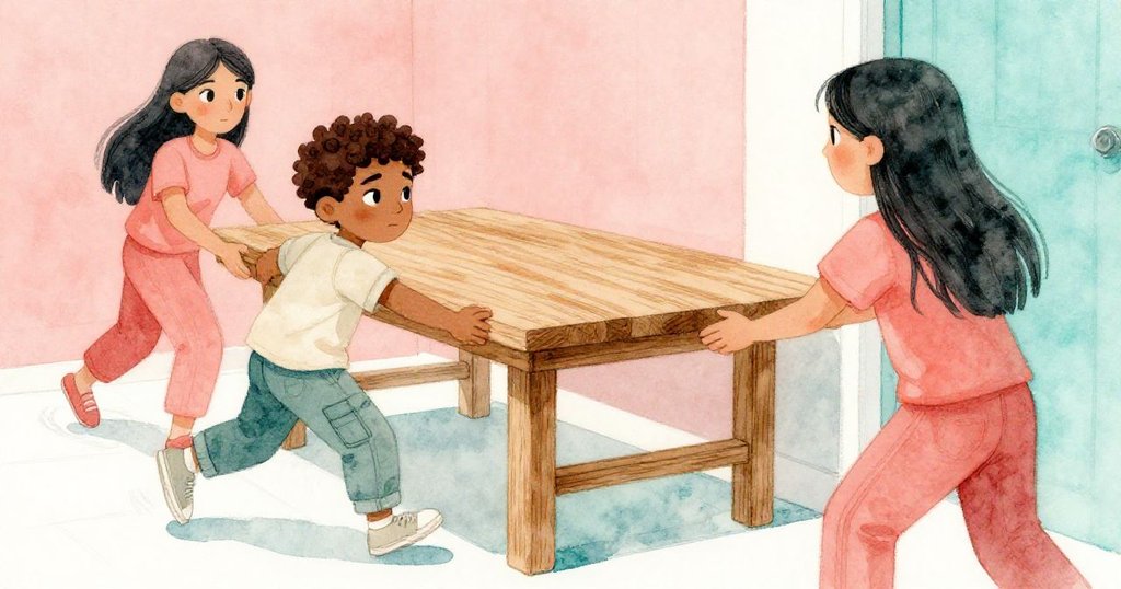 拉拉從背後視角引導橡木桌繞過轉角，米格爾在後方配合，場景動感十足且充滿挑戰。