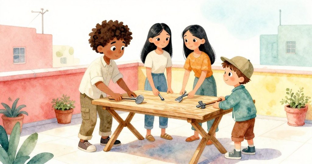 在陽光照耀的露台上，米格爾、拉拉和菲力克斯齊心協力調整橡木桌，臉上滿是笑意與勝利喜悅。