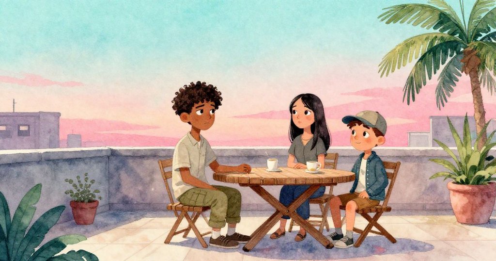 在夕陽餘暉下的露台上，米格爾、拉拉與菲力克斯放鬆欣賞穩固靠靠石花箱的橡木桌，氛圍寧靜而溫暖。