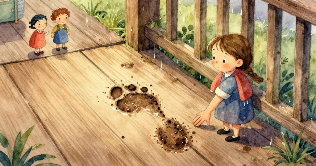 Ruth的手指輕觸濕潤木欄杆,細膩展示木紋與泥跡質感,充滿溫馨探索情懷。