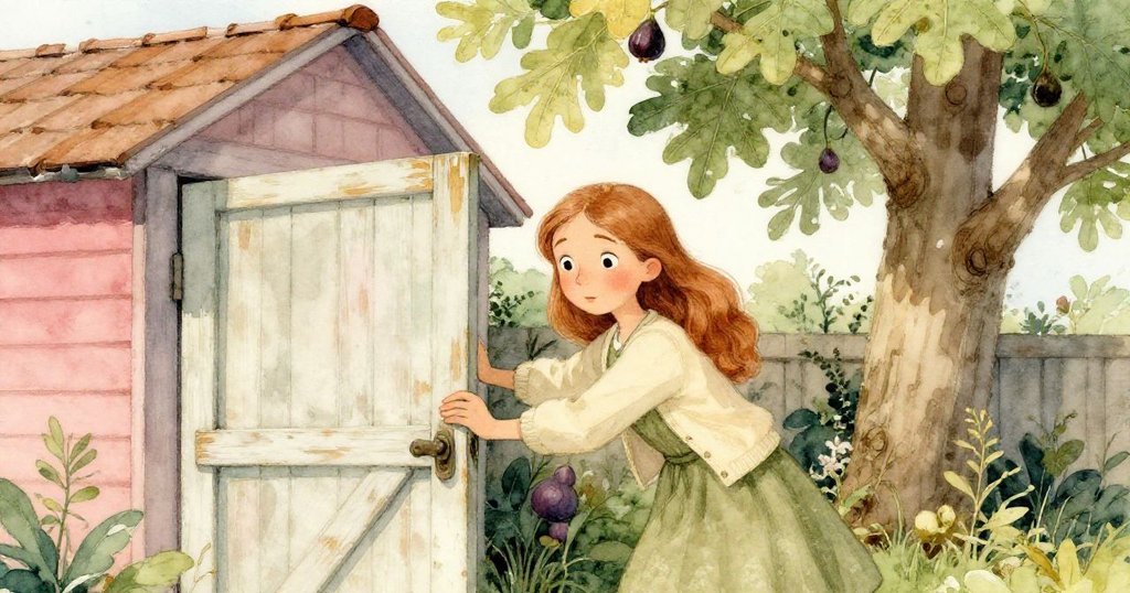 Ruth以低視角堅定推開腫脹棚門,表情專注,背景蔓生樹影與舊棚襯托出探索勇氣。