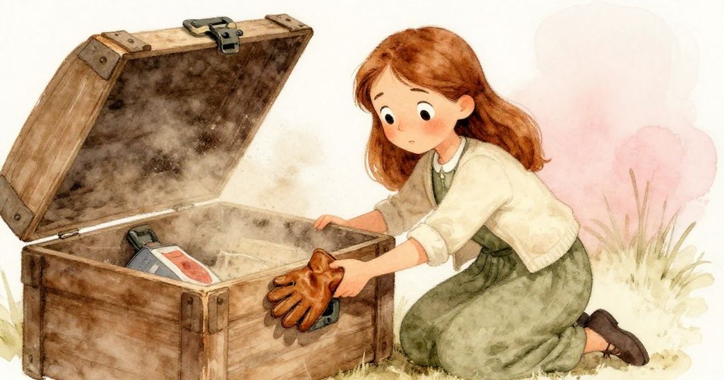 Ruth跪下推開沉重箱子,塵沙飛舞中露出修補工具箱,臉上流露驚喜與堅定探索。