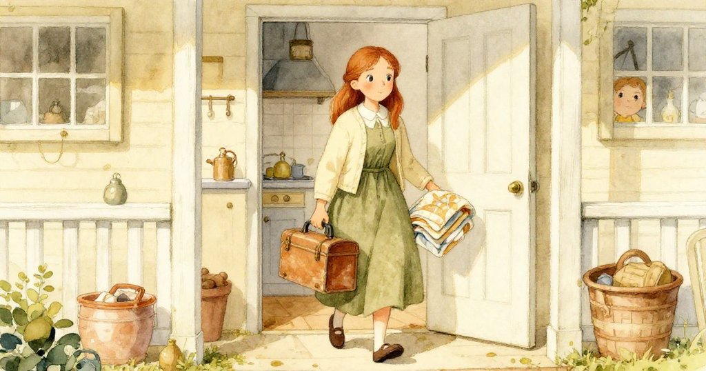 Ruth手持工具箱與被子,步出舊棚走向開放廚房門,神情期待而堅定,象徵新開始與希望。