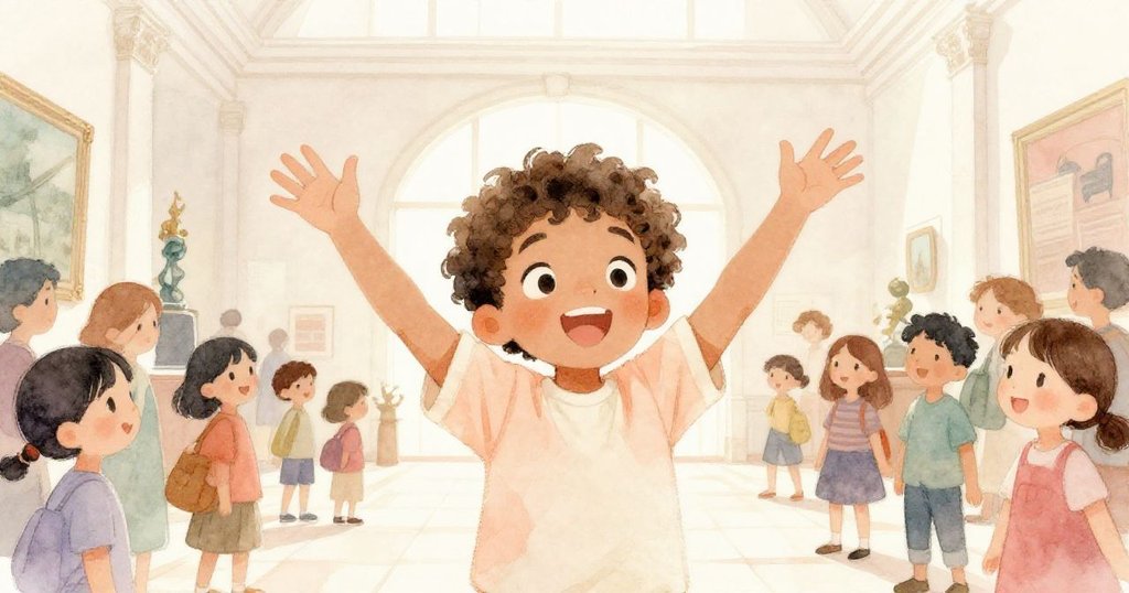 喬納斯在博物館大廳中伸展雙臂，周圍有許多參觀者，燦爛的光線襯托出冒險開始的喜悅與期待。