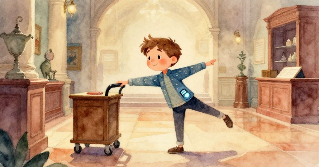 喬納斯穿著輕便鞋子在博物館大廳中踮腳前行，輕輕觸碰小推車引發連鎖反應，動作細膩而充滿好奇。