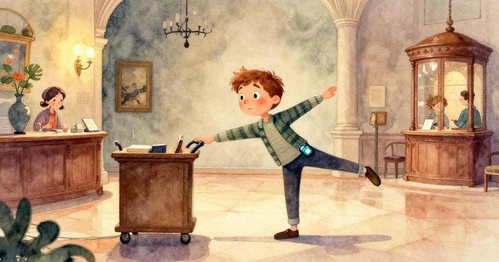 從小生物視角觀察，博物館中小推車迅速滾動，觸碰雕台，懸掛的星球造型展品隨之搖擺，充滿童趣。