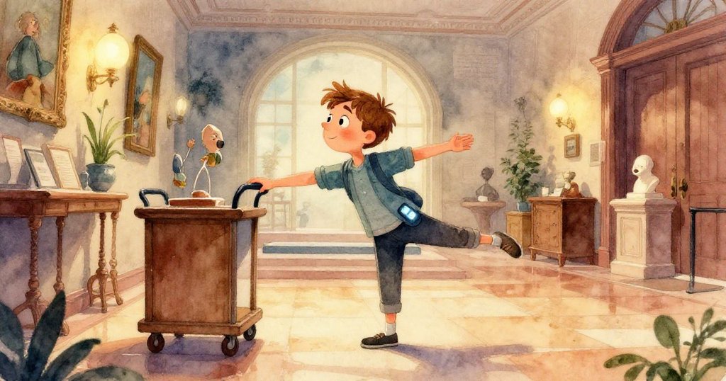 在博物館的展廳中，連鎖反應使古董玻璃罐擺動，木製刷子被天鵝絨繩捕捉，細緻展現展品間的微妙互動。