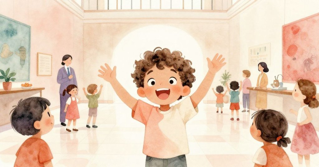 博物館中，參觀者與工作人員圍聚歡笑，喬納斯滿臉欣喜，整個場景充滿驚奇和喜悅的氛圍。