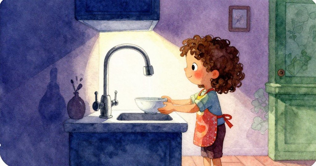 莉娜在明亮廚房中輪廓分明地放置小碗於水龍頭下，動作期待，背景溫暖且細節豐富