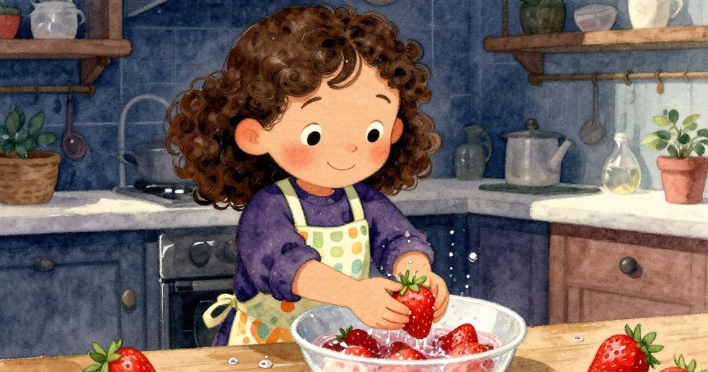 莉娜在廚房中小心清洗鮮紅草莓，水珠飛散細緻展現，動作輕柔充滿期待感